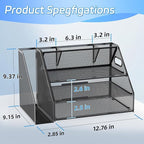 Docnest 3 Tier Metal Mesh Desk Organizer - Letter Tray with Built-in Pen Holder & Handle, Black