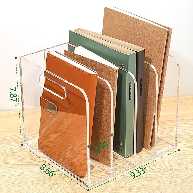 AIDIMOO Acrylic Magazine File Holder, 4 Vertical Compartments Desk Document Sorter Organizer, Clear Folder Rack Binder for Office/Documents/Classroom, for Home, Tablet, Magazines, Books & Accessories