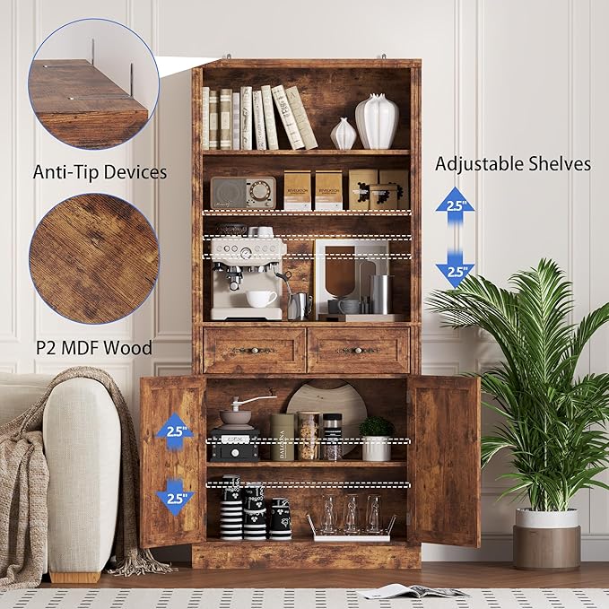 BORNOON 71.4" Tall Bookshelf with Drawers & Cabinet, 5-Tier Floor Standing Bookcase with Storage Doors, Adjustable Shelves & Metal Handles, 31.5" Wide Organizer for Home Office, Living Room