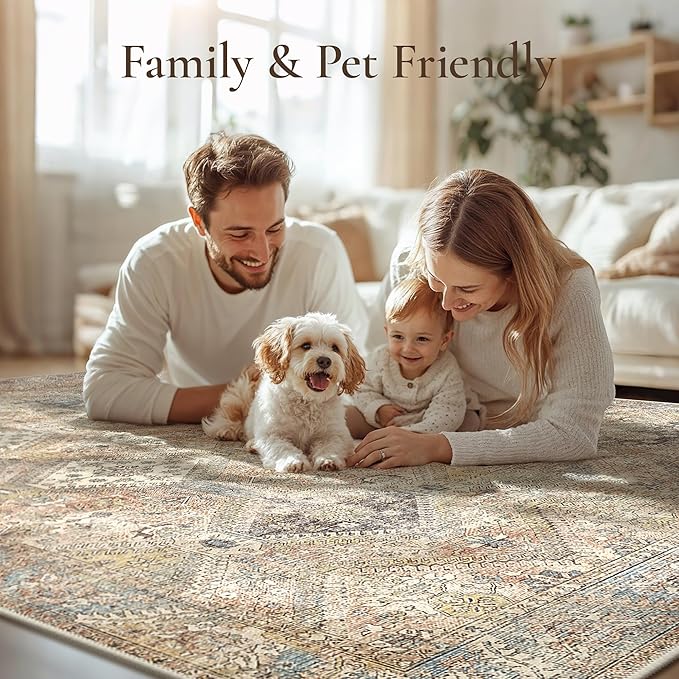 GENIMO 3x5 Area Rugs for Living Room, Machine Washable Non Slip Vintage Rugs, Low Pile Lightweight Print Rug for Bedroom, Dining Room, Home Office, Warm Brown