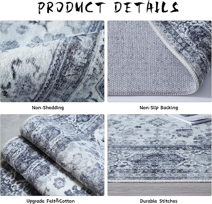 Rugcomf Runner Rug 2'6''x8' Hallway Washable Boho Soft Area Rug Non-Slip Faux Wool Vintage for Kitchen, Entryway, Laundry, Bedroom, Indoor (Grey and White)