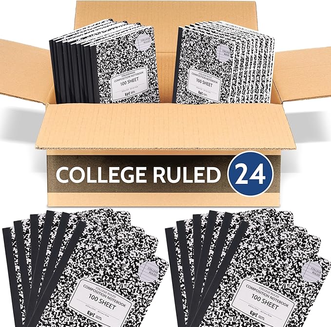 EPI 24 Pack College Ruled Composition Notebook Black - 200 Pages (100 Sheets), 9-3/4 x 7-½ - Classroom Back to School Supplies, Heavy Duty, Durable Hardcover Office Notebooks, Sewn
