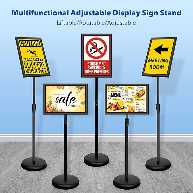 VAIIGO 6Packs 11x17 Inch Adjustable Pedestal Poster Sign Stand, Heavy Duty Floor Standing Sign Holder Stand Aluminum Snap Open Frame for Vertical and Horizontal View Sign Displayed(Black)