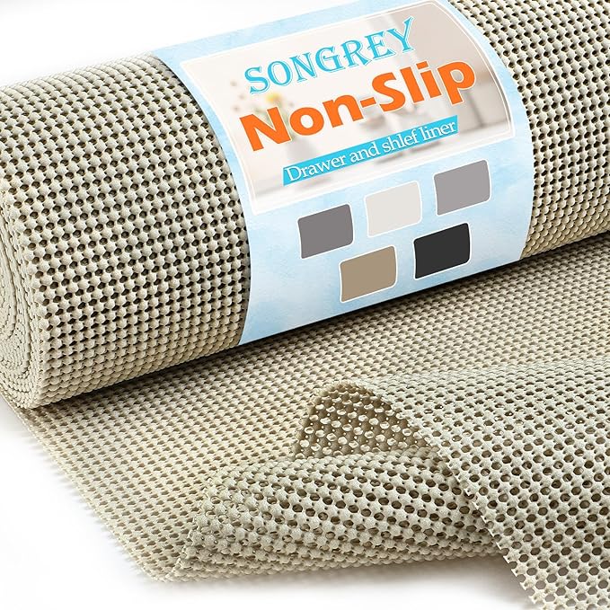 Songrey Non-Adhesive Drawer and Shelf Liner, Non Slip Cabinet Liners, Protect Kitchen Cupboard, Bathroom Drawers, Breathable, Thick Strong Grip mat (20IN x 20FT, Beige)