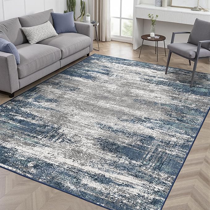 GENIMO 3x5 Area Rugs for Living Room, Machine Washable Non Slip Blue Rugs, Low Pile Lightweigt Modren Print Indoor Rug for Bedroom, Dining Room, Home Office, Blue Ivory