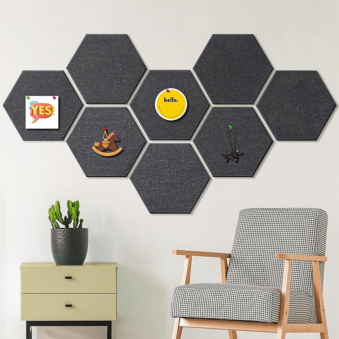 Fwpelt 12'' Large Hexagon Cork-Bulletin Boards for Walls, Self-Adhesive Modern Corkboard, Frameless Felt Pinboard, Prayer-Vision Pin Board for Office, Pack of 8 Hex Cork Tiles with 30 Pushpins