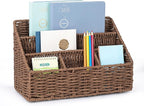 DINGTAI Rattan Desk Organizer, Tabletop Mail Holder, 5 Slot Mail Organizer Countertop Basket, Rattan Office Supplies, Boho Office Desk Accessories, Wicker Desk Organizer, Magazine Holder（Brown）