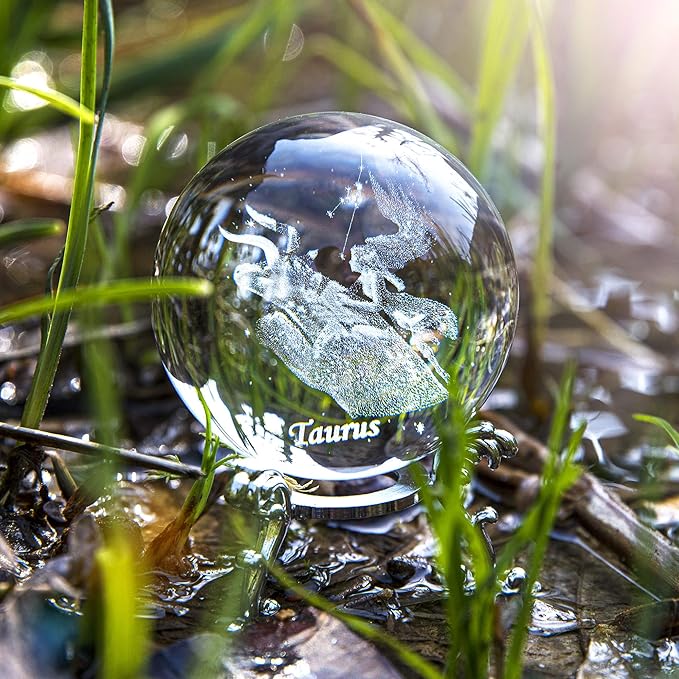 3D Laser Constellation Crystal Ball Crystal Paperweight Full Sphere Glass Fengshui with Sliver-Plated Flowering Stand(Taurus)