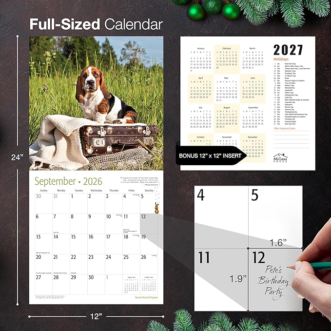 MICASA PRESS Basset Hound Puppies 2026 Wall Calendar 12 Month | 12" x 24" Open | Thick & Sturdy Paper | Holiday Gift | Cute Puppy Dog Calendar 2026