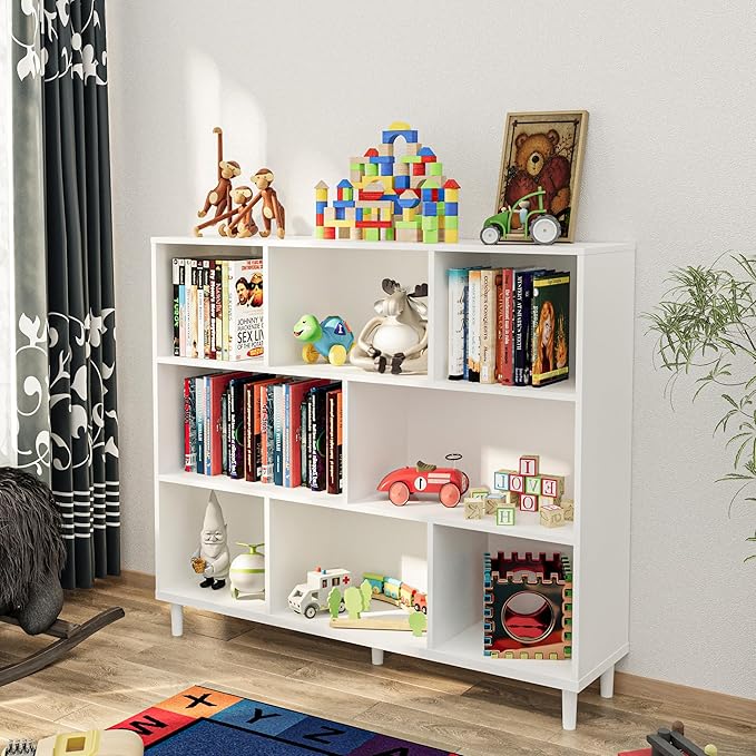 Chyanmoo Wood Cube Storage Organizer White Bookshelf - 3-Tier Freestanding Storage Cabinet with Legs for Home Office, 8-Cubes Open Shelf