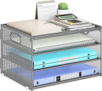 Subekyu Paper Letter Tray Organizer for Desk, Silver Metal Mesh Desk File Folder Sorter Organizer with Handle for Home Office School Supplies Organization