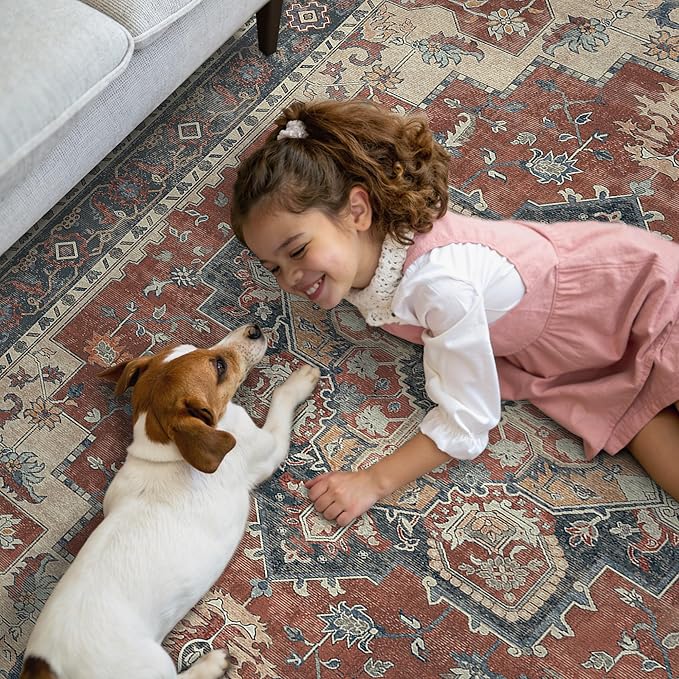 GENIMO 2'6''x8 Runner Rugs for Hallway, Machine Washable Non Slip Vintage Rugs, Low Pile Lightweight Soft Print Rug for enrtyway, Corridor, Home Office, Kitchen, Bordeaux