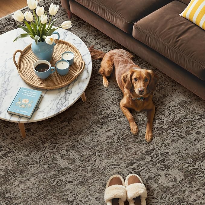 GENIMO 6x9 Area Rug Machine Washable Boho Rug for Living Room,Ultra-Thin Low Pile Carpet,Lightweight Indoor Printed Rug,Non Slip Floral Area Rug for Bedroom, Dining Room, Home Office,Brownish Green