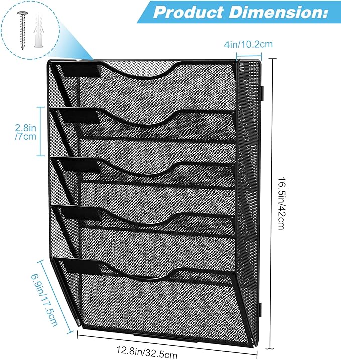 Solinxe Wall Hanging File Holder 5 Pocket Wall Mounted Paper Organizer Magazine File Holder Storage Rack,Black