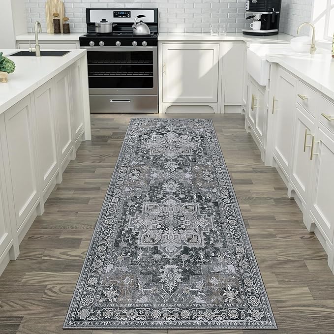 GENIMO 2'6''x8 Runner Rugs for Hallway, Machine Washable Non Slip Vintage Rugs, Low Pile Lightweight Soft Print Rug for enrtyway, Corridor, Home Office, Kitchen,Dark Gray