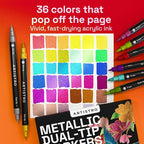 ARTISTRO 36 Metallic Acrylic Paint Markers - Paint Pens Dual Tip Brush + Fine Ideal for Calligraphy - Perfect for Fabric, Rock, Glass, Wood, DIY - Art Supplies, Stocking Stuffers, Christmas Gift Idea
