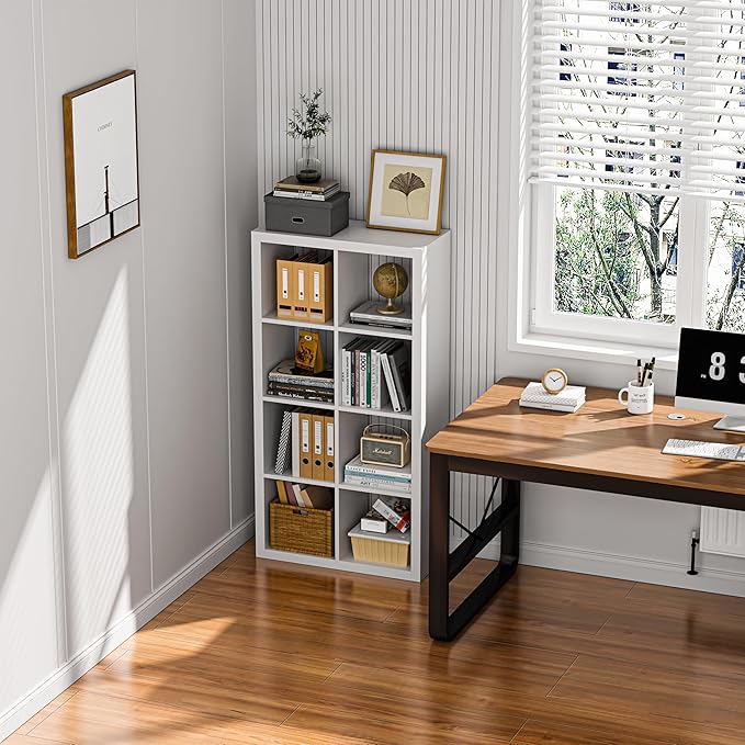 furtble Bookshelf with Storage Bins, 8-Cube Storage Organizer with Back Panels, Modern Wood Open Bookcase, Multifunctional Display Shelf for Living Room, Bedroom, Home Office, White