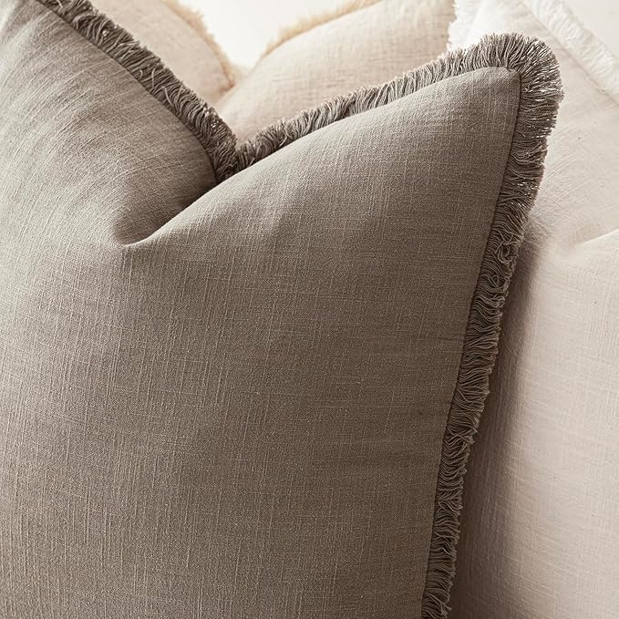 Foindtower Set of 2 Decorative Linen Fringe Throw Pillow Covers Boho Farmhouse Cushion Cover with Tassels Accent Pillowcase for Couch Chair Sofa Bed Living Room Home Decor,22×22 Inch,Brown Tan