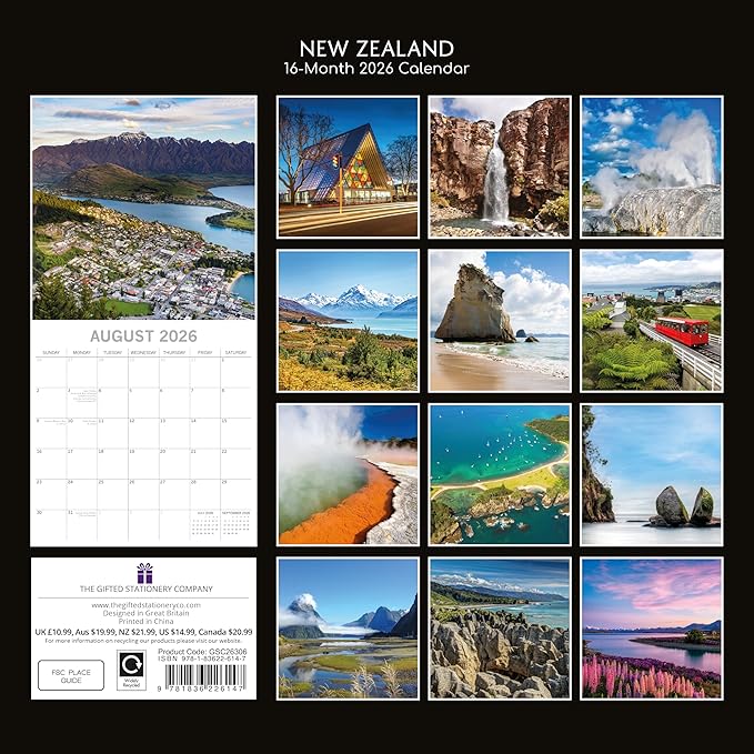 The Gifted Stationery 2026 Square Wall Calendar, New Zealand, 16-Month Images of New Zealand Theme Hanging Calendar with 180 Reminder Stickers, Month Planner for Creative Spaces, 12x12 In