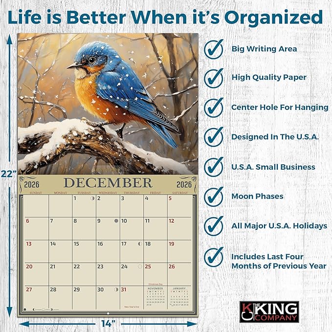 2026 Songbirds Wall Calendar 16-Month X-Large Size 14x22, Illustrated Bird Calendar by The KING Company-Monster Calendars