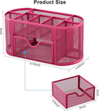 EasyPAG Mesh Pen Holder Desk Organizer with Drawer Stationery Supplies Organizer for Dorm School 9 Compartments Workspace Desk Accessories Organization for Office, Hot Pink
