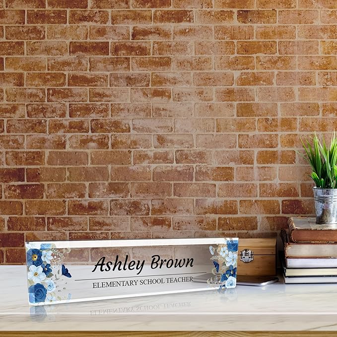 Signs ByLITA Floral Pattern Customized Nameplate | Indigo Blooms Personalized Full Color Acrylic Desk Sign