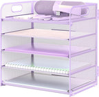 Letter Tray Paper Organizer 5-Tier Desk Organizer File Organizer Paper Holder with Handle, Metal Desktop Document Shelf Tray Office Classroom Organization - Purple