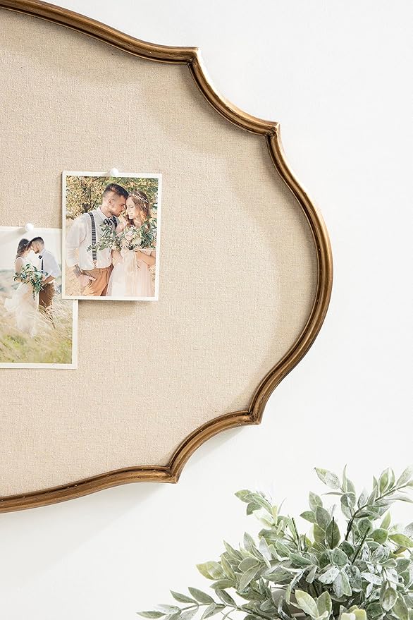 Kate and Laurel Leanna Decorative Scalloped Metal Pinboard; 24 x 36; Gold; Framed Rounded Oval Vintage Bulletin Board for Unique Display; Organization; and Decor