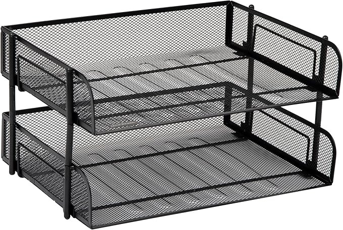 Mind Reader Stackable Paper Tray, Desktop Organizer, File Storage, Office, Metal Mesh, 13.5" L x 10" W x 7.25" H, 2 Pcs., Black