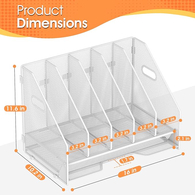 OrgMate Desk File Folder Holder Organizer-5 Vertical Compartments Racks and Paper Letter Tray,Mesh Magazine File Holder Sorter,Desktop Accessories & Workspace Organizers for Home,Office,School-White
