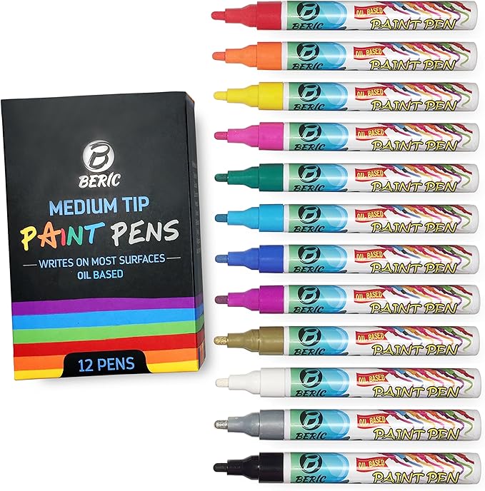 Premium Paint Pens by Beric 12 pack, Oil-based Paint Marker, Medium Point, Writes on Almost Anything, Water and Sun Resistant Vibrant Colors Low Odor Long Lasting Fast Drying Assorted Colors