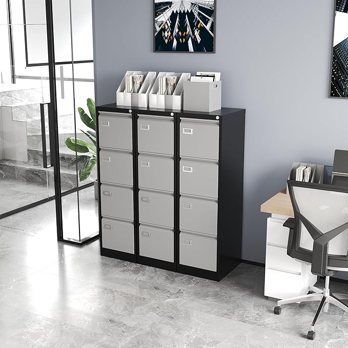 Fesbos File Cabinets - 4 Drawers Vertical 17.8" Deep Lockable Filing Cabinet - Black & Gray Metal Storage Cabinets for Home Office to Hanging Files Letter/Legal/F4/A4 Size