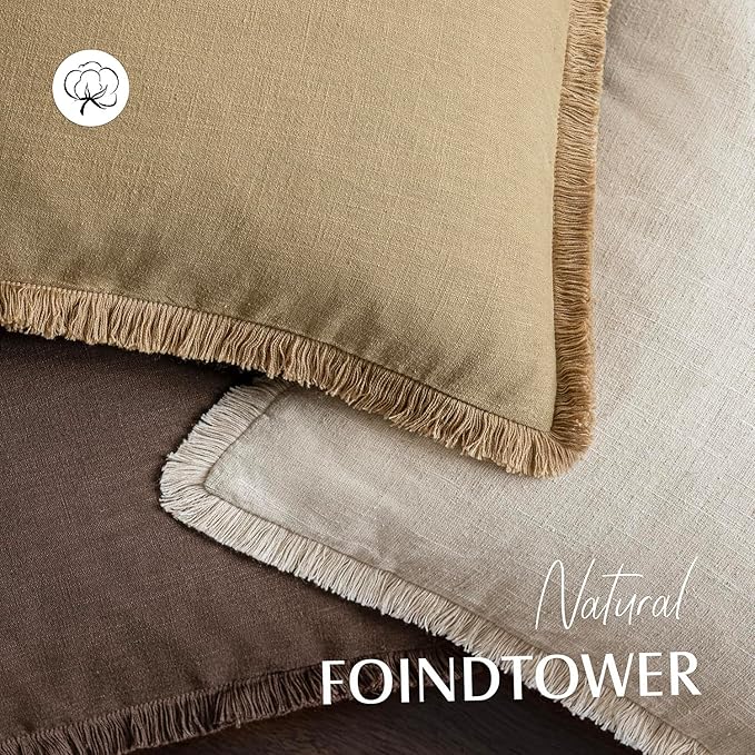 Foindtower Set of 2 Decorative Linen Fringe Throw Pillow Covers Farmhouse Cushion Cover with Tassels Soft Accent Pillowcase for Couch Chair Sofa Bed Living Room Home Decor,22×22 Inch,Light Khaki Taupe