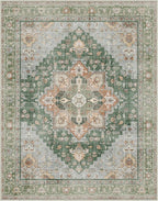 GENIMO 5x7 Area Rugs for Living Room, Machine Washable Non Slip Vintage Rugs, Low Pile Lightweight Chenille Print Rug for Bedroom, Dining Room, Home Office,Sage Green