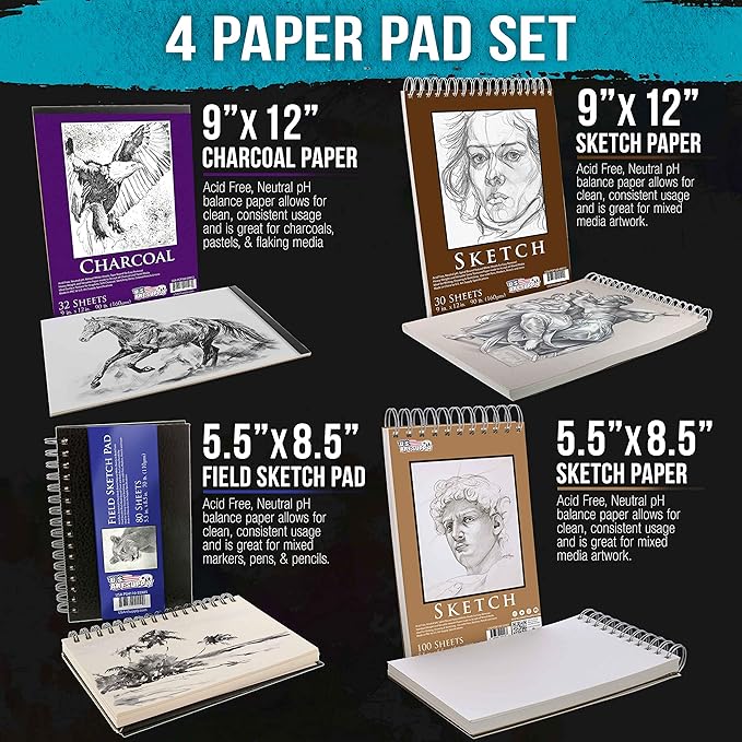 U.S. Art Supply 4-Pad Sketch Book and Drawing Paper Set (242 Sheets) - Sizes (5.5 x 8.5 and 9 x 12 Inch) Spiral Bound, Artist Drawing Pads for Mixed Media