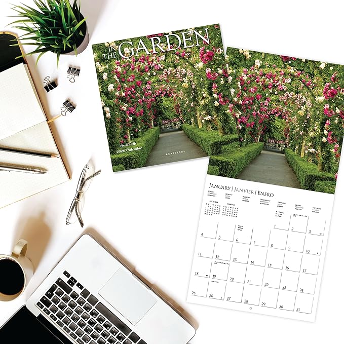 Graphique 2026 In the Garden Mini Wall Calendar | 7” x 7” | Thick Paper | Home & Office Organizer | Large Monthly Grid | 3 Languages & Marked Holidays | 4 Month Preview Page for 2027