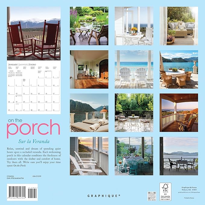 Graphique 2026 On the Porch Wall Calendar | 12” x 12” | Thick Paper | Home & Office Organizer | Large Monthly Grid | 3 Languages & Marked Holidays | 4 Month Preview Page for 2027