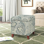 Adeco 18 Inch High Cube Ottoman Storage, Paisley Linen Chair Foot Stools, Upholstered Vanity Stool with Hinged Lid, Solid Wood Legs