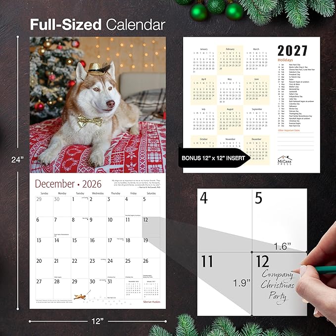 MICASA PRESS Siberian Huskies 2026 Wall Calendar 12 Month | 12" x 24" Open | Thick & Sturdy Paper | Holiday Gift | Cute Puppy Dog Calendar 2026