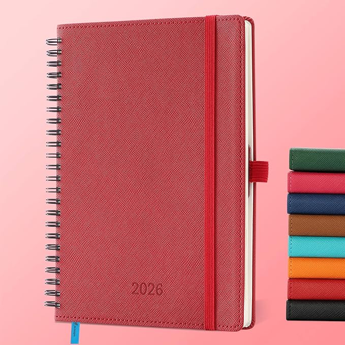 IN-LUXPRO Planner 2026 Daily Weekly and Monthly,8.5"x6.5",12 Months Spiral Bound Calendar Agenda with Self-adhesive Pen Holder,2026 Appointment Book with Vegan Leather Soft Cover,Red