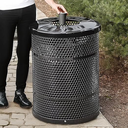 Zedfire 32 Gallon Perforated Waste Bin with Flat Lid, Steel Outdoor Heavy-Duty Commercial Trash Can, Round Recycle Container, Durable Garbage Can for Parks, Municipalities, Parking, Schools