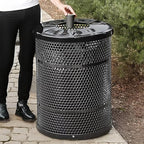 Zedfire 32 Gallon Perforated Waste Bin with Flat Lid, Steel Outdoor Heavy-Duty Commercial Trash Can, Round Recycle Container, Durable Garbage Can for Parks, Municipalities, Parking, Schools