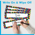 40PCS Traditional Manuscript Name Plates, Confetti Desk Name Tags with Double Sided PET Film Student Name Labels Erasable & Reusable Desk Nameplates for School Classroom Organization (10” x 2.8”)