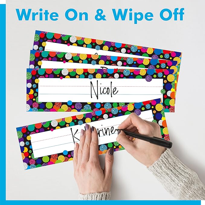 40PCS Traditional Manuscript Name Plates, Confetti Desk Name Tags with Double Sided PET Film Student Name Labels Erasable & Reusable Desk Nameplates for School Classroom Organization (10” x 2.8”)
