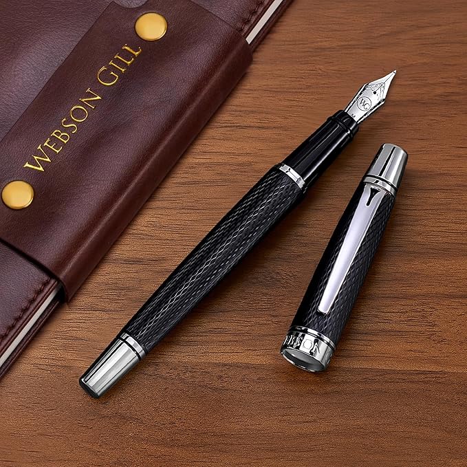 Webson Gill Show Up' Black Luxury Executive Fountain Pen, Woven Lacquer & Chrome, Medium Nib, Smudge Free, No Bleed, Use Any Fountain Ink with Included Converter, Fits Cartridges (sold separately)