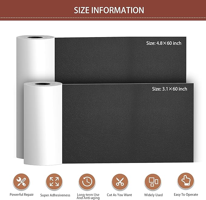 Besezx Leather Repair Patch Tape Kit, Self Adhesive Leather Repair for Furniture, Couch, Sofa, Car Seats,Office Chair,Vinyl Repair Kit.4.8inx60in