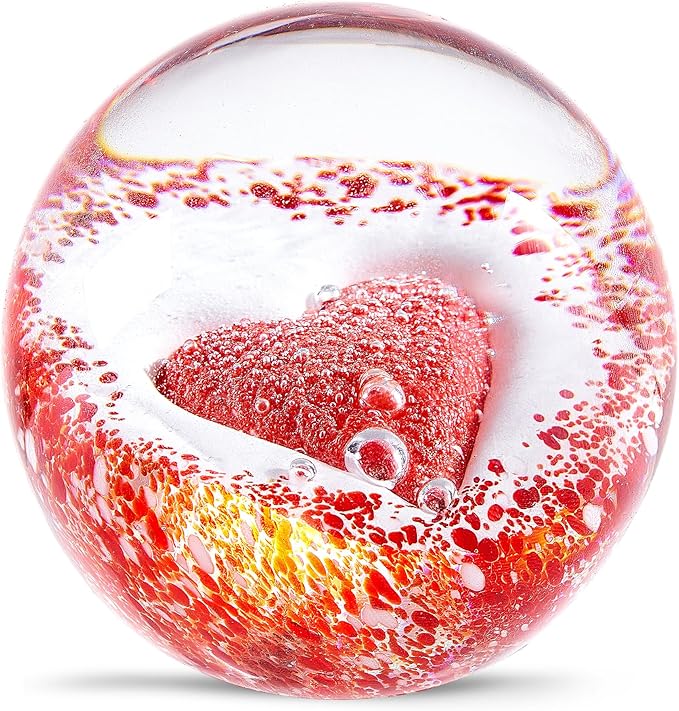 Hand Blown Glass Red Heart Paperweight ball for Birthday Gift,Home Decor Collectible,Office Decor Lovers.
