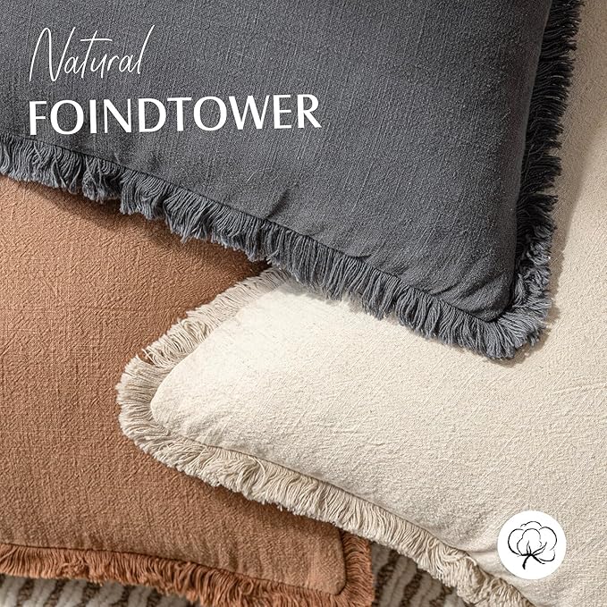 Foindtower Set of 2 Decorative Linen Fringe Throw Pillow Covers Cozy Boho Farmhouse Cushion Cover with Tassels Soft Accent Pillowcase for Couch Chair Sofa Bed Living Room Home Decor,18×18 Inch,Gray
