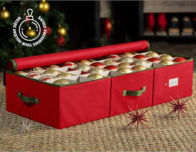 ZOBER Underbed Christmas Ornament Storage Box - Stores 72 Large 4" Ornaments, With Dividers - Tear Proof 600D Oxford Fabric, Ornament Organizer Storage Box, Durable Christmas Containers Holder - Red