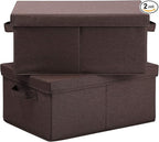 HOONEX Linen Foldable Storage Bins with Lids, 2 Pack, Storage Boxes with Carrying Handles and Sturdy Heavy Cardboard, 16.5" L x 11.8" W x 7.5" H for Shoes, Clothes, Brown